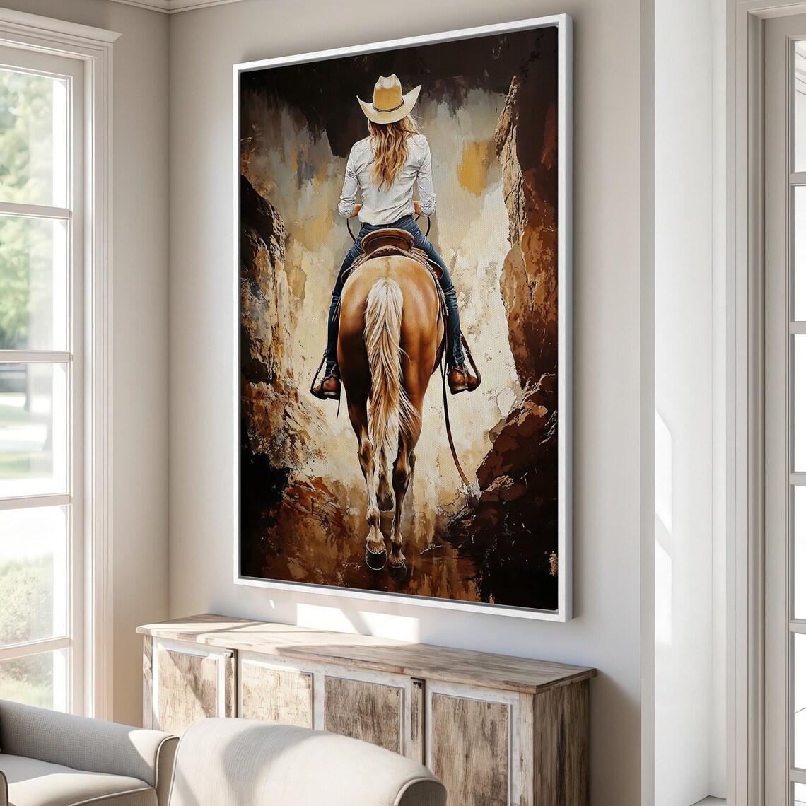 Cowgirl on Horseback in Canyon, Rustic Western Art Print - Image 3