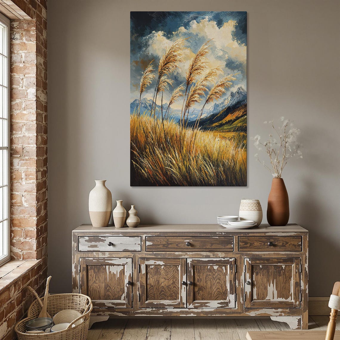 Golden Pampas Grass Swaying Before Mountain Peaks Landscape Poster