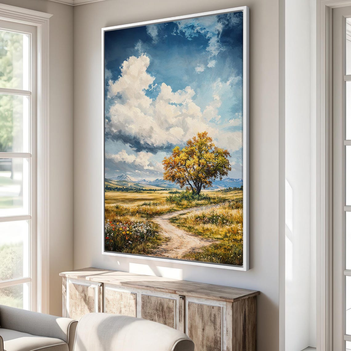 Winding Country Road Through Meadow With Dramatic Golden Tree Poster - Image 3
