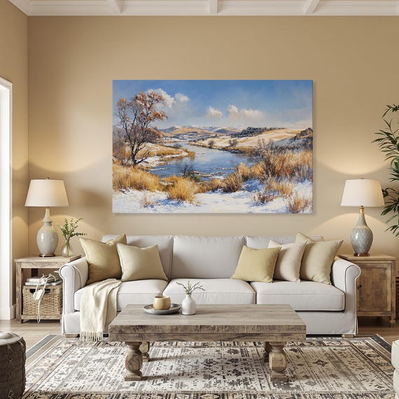 Winter River Scenery Framed Canvas Print Rustic Wall Art Serene Nature Scene Blue Sky Snowy Fields Country Decor Holiday Gift