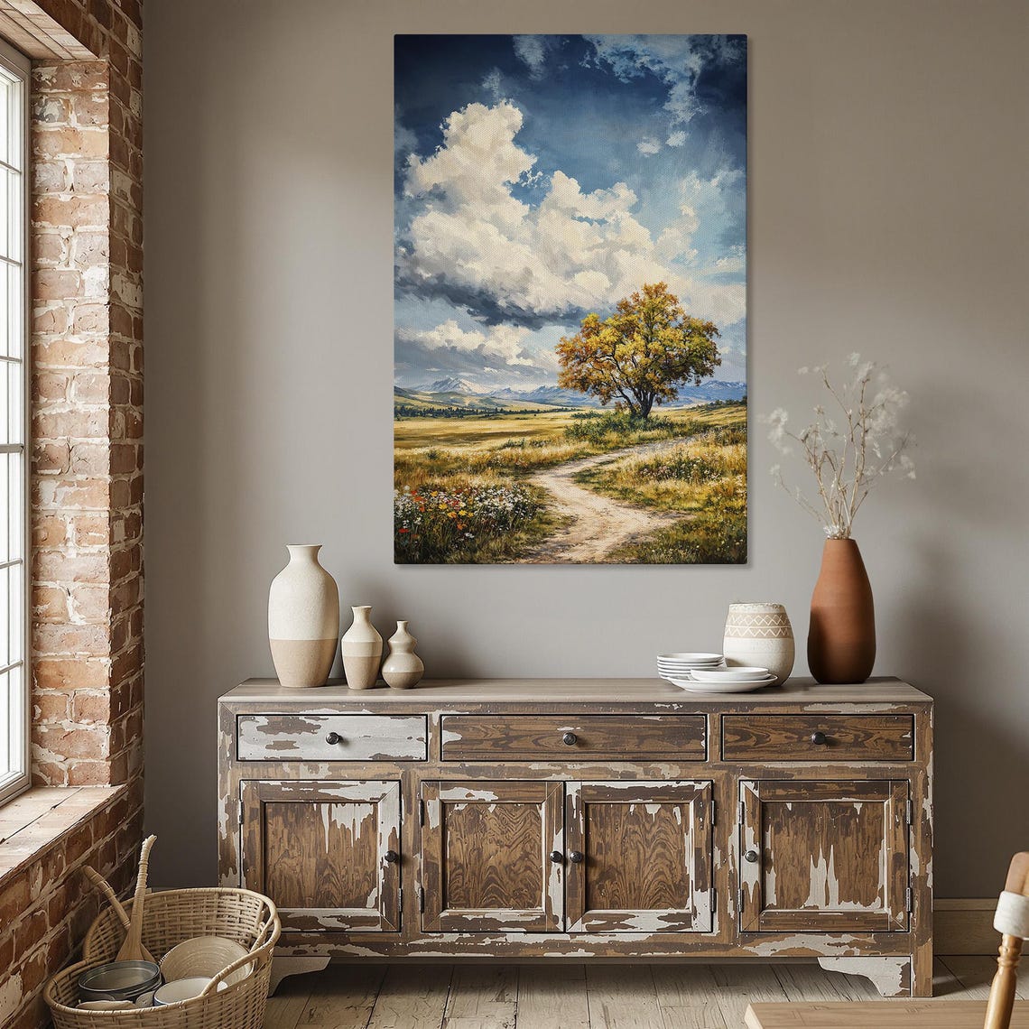 Winding Country Road Through Meadow With Dramatic Golden Tree Poster - Image 5