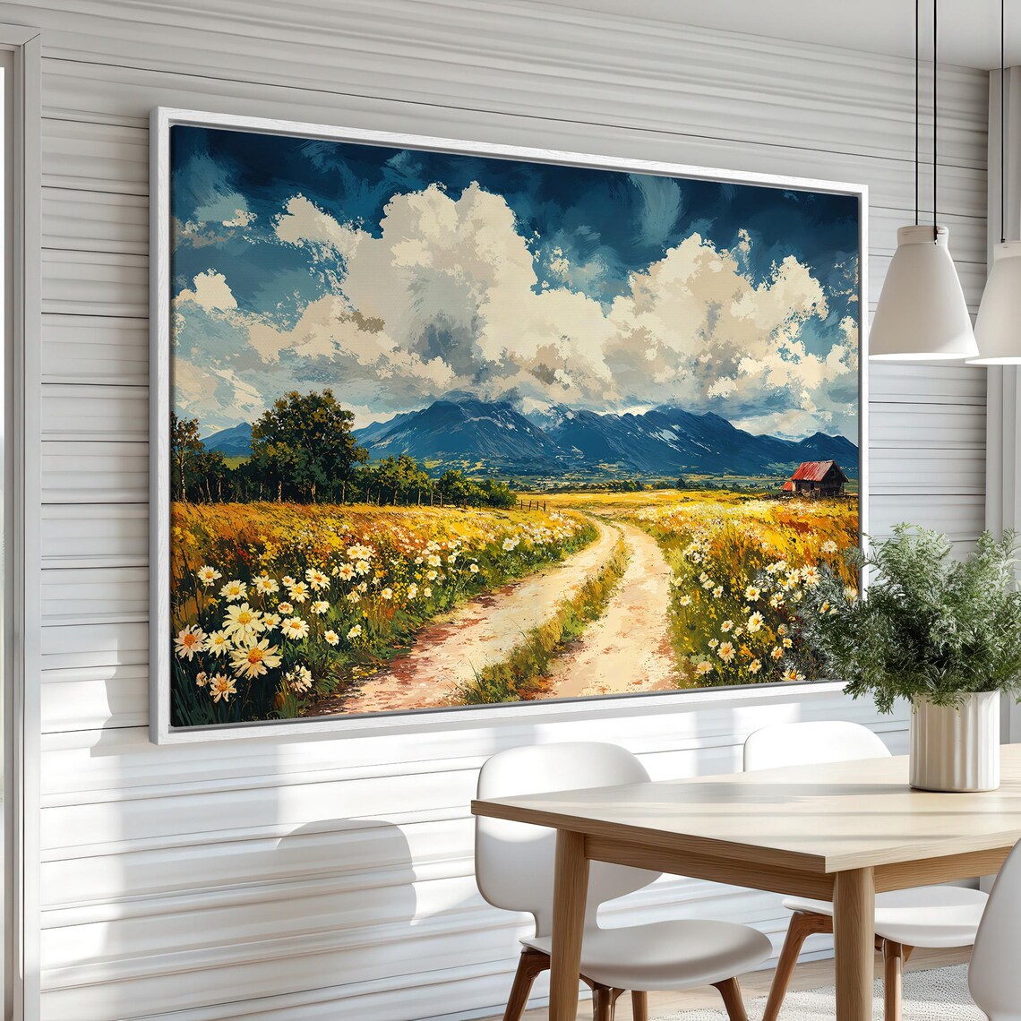 Vibrant Country Road Flower Meadow Mountain Landscape Art Poster - Image 3