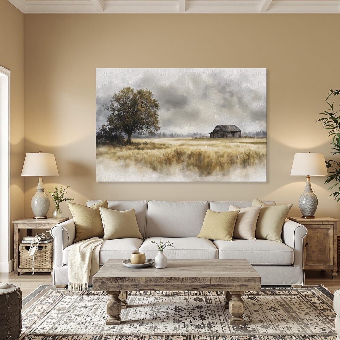 Rustic Barn Foggy Wheat Field Moody Countryside Painting Wall Poster