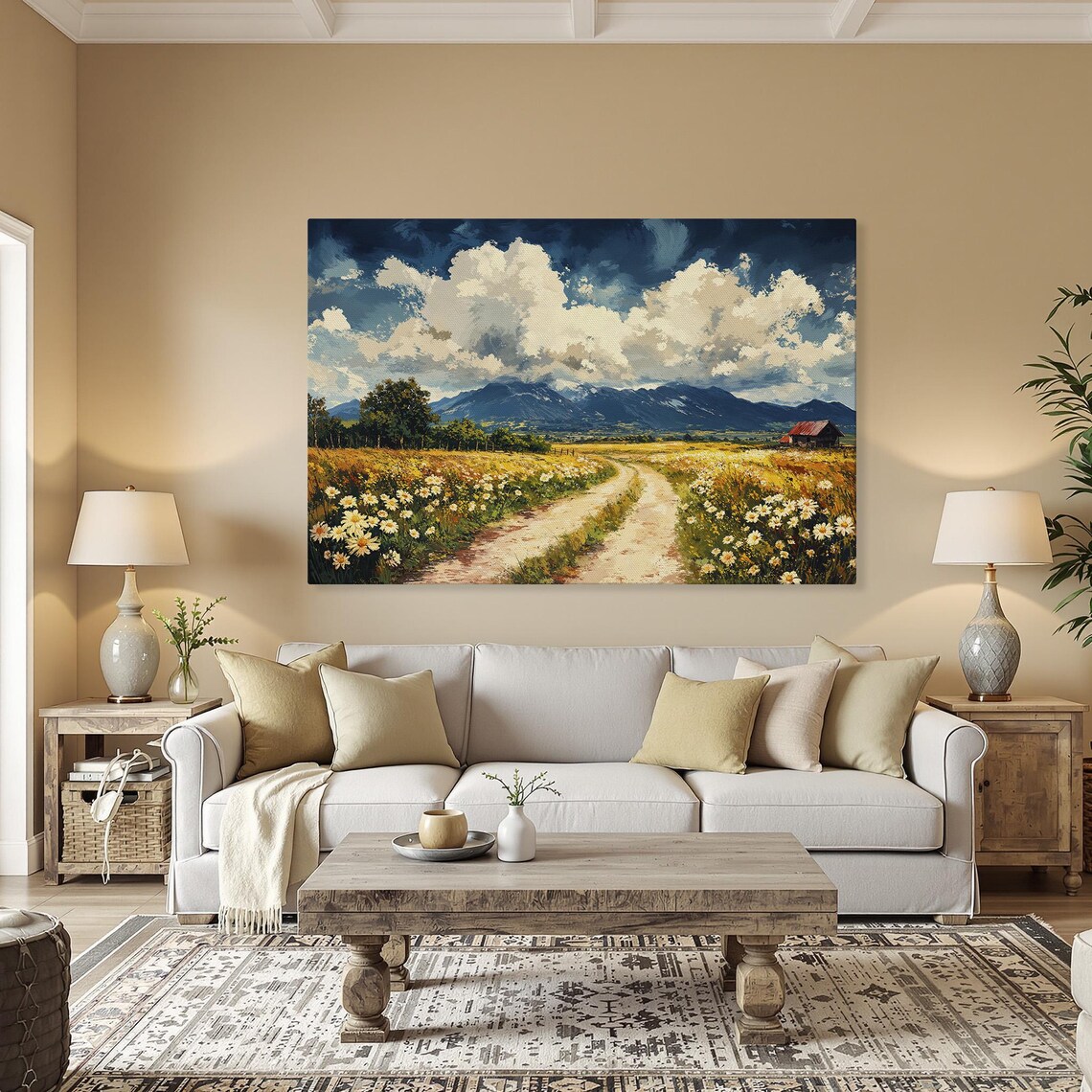 Vibrant Country Road Flower Meadow Mountain Landscape Art Poster - Image 5