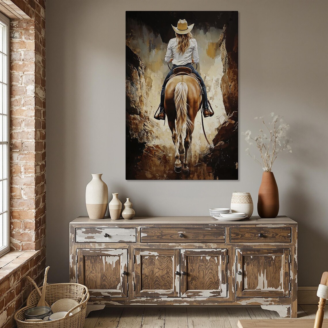 Cowgirl on Horseback in Canyon, Rustic Western Art Print - Image 5