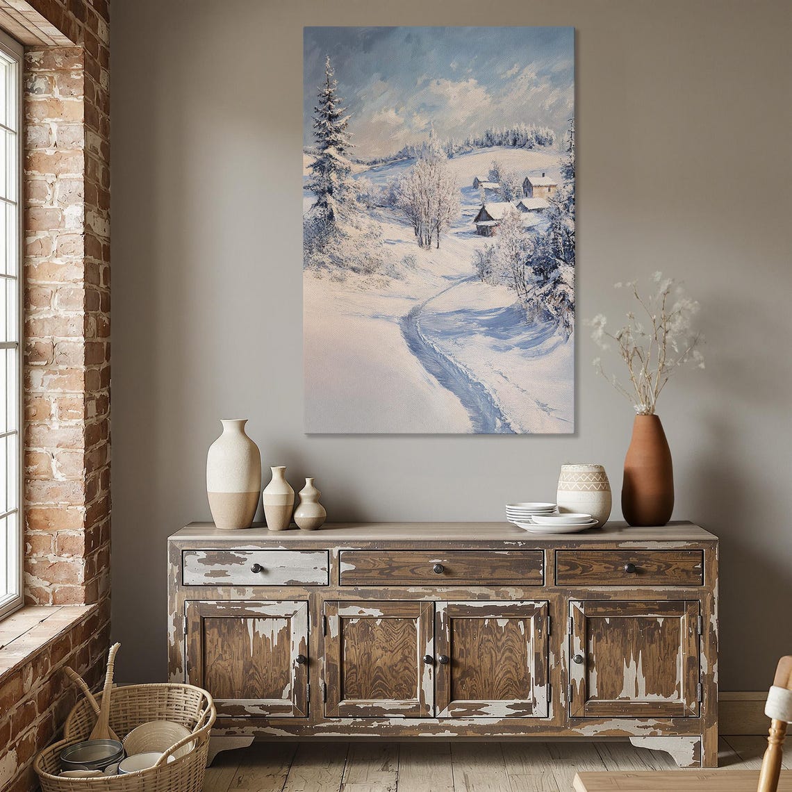 Rustic Snowy Village Winter Wonderland Landscape Painting Poster
