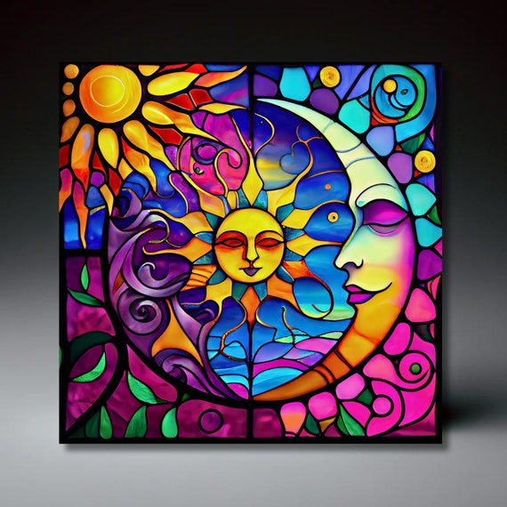Colorful Sun And Moon Stained Glass Effect Ceramic Tile Birthday Gift Celestial Art Sun And Moon Art Handmade Wall Decor Trivet