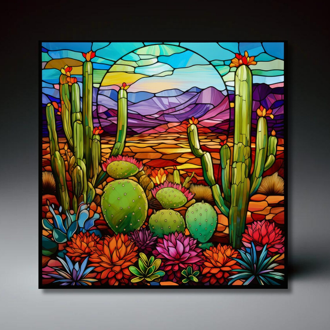 Stained Glass Effect Desert Southwest Cactus Landscape Art