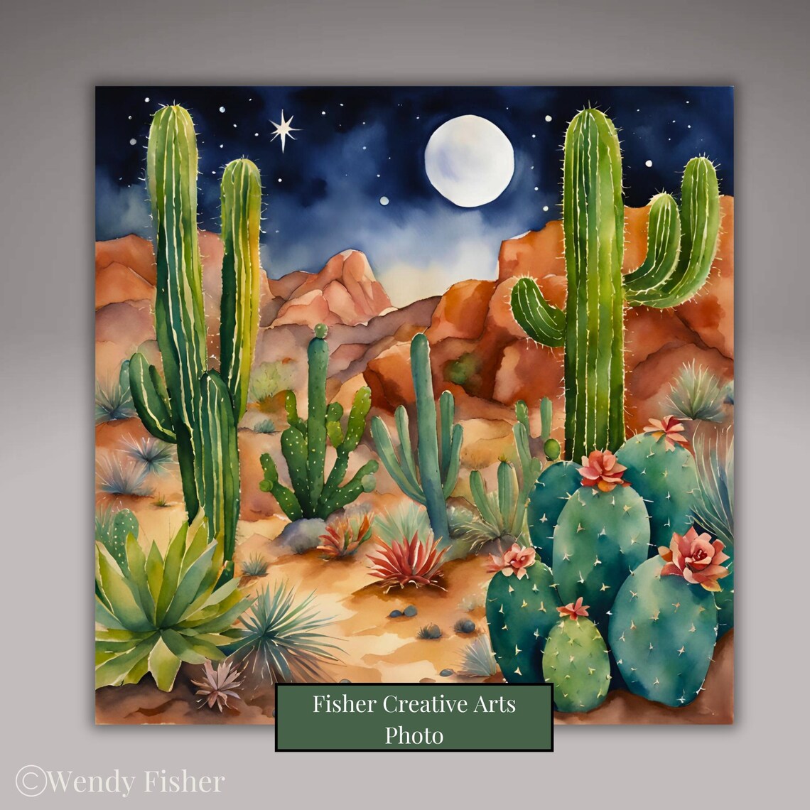 Southwestern Night Desert Cactus Wall Art Print