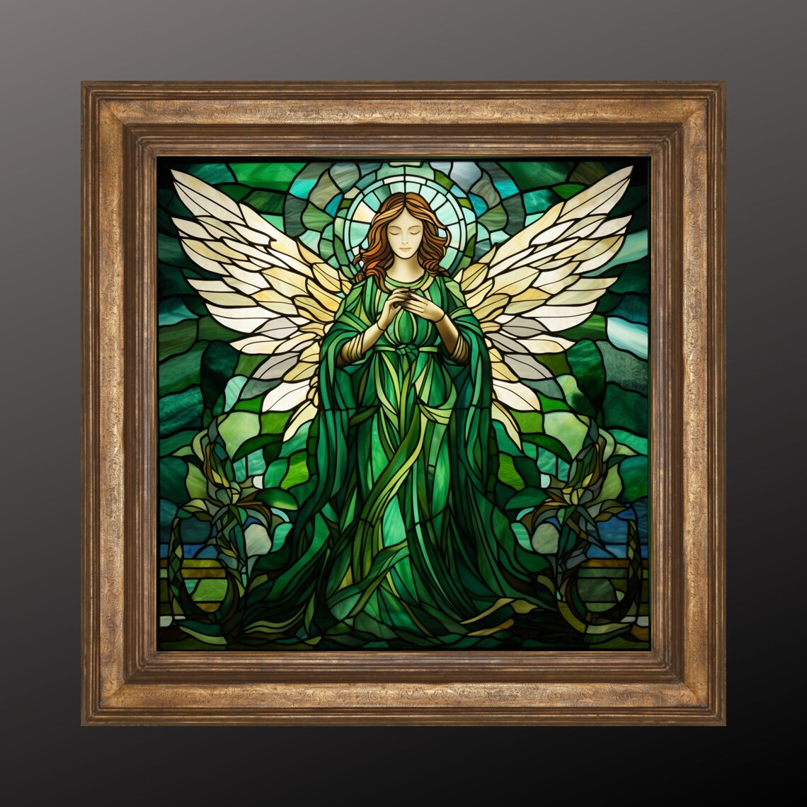 Emerald Green Stained Glass Angel Praying Religious Wall Art - Image 3