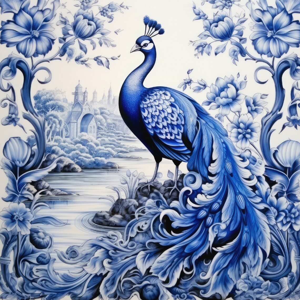 Delft Blue Chinoiserie Peacock Wall Art Print - Image 5