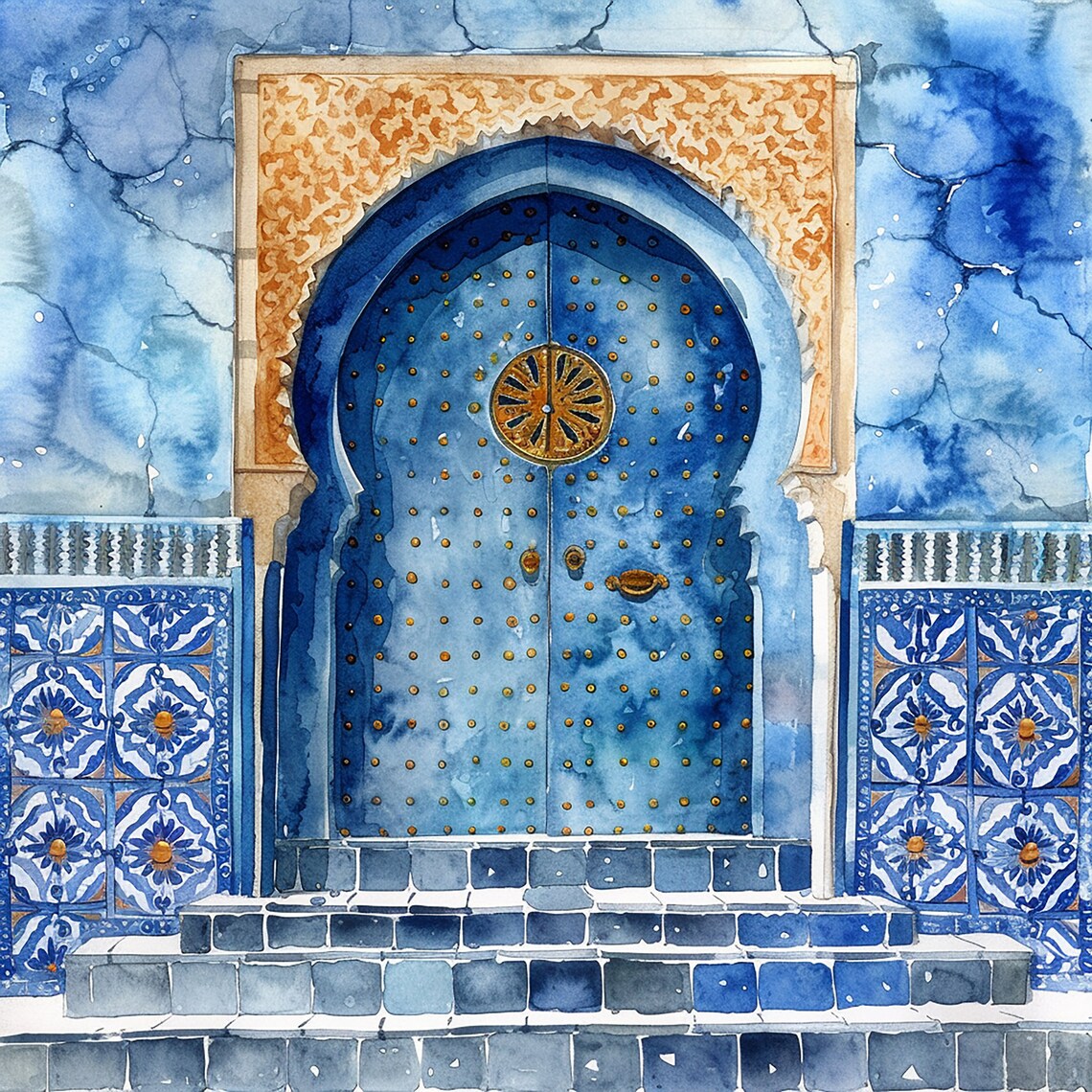 Watercolor Blue Moroccan Door Boho Wall Art Print - Image 4