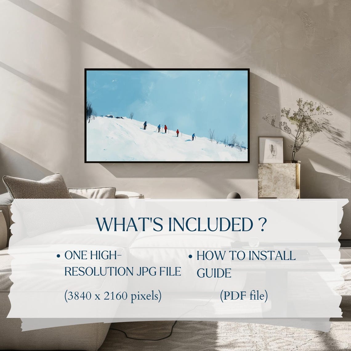 Minimalist Skiers Snowy Hill Blue Winter Frame TV Art Poster - Image 2
