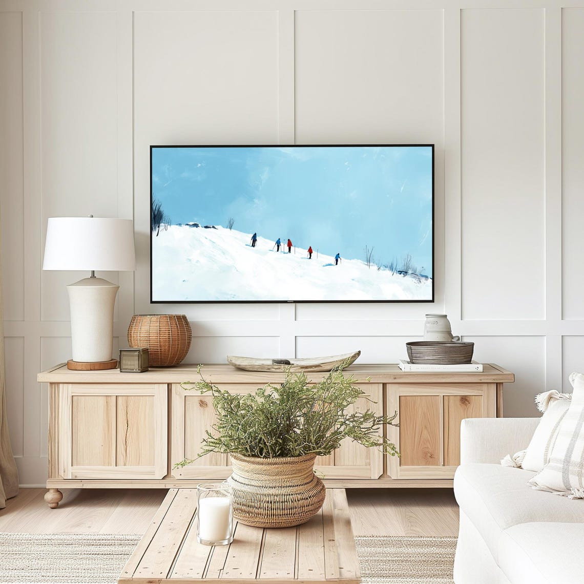 Minimalist Skiers Snowy Hill Blue Winter Frame TV Art Poster - Image 4