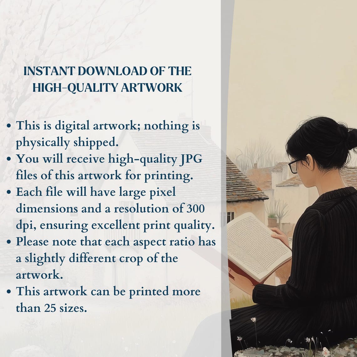 Woman Reading Book Under Blossoming Tree Spring Village Poster - Image 2