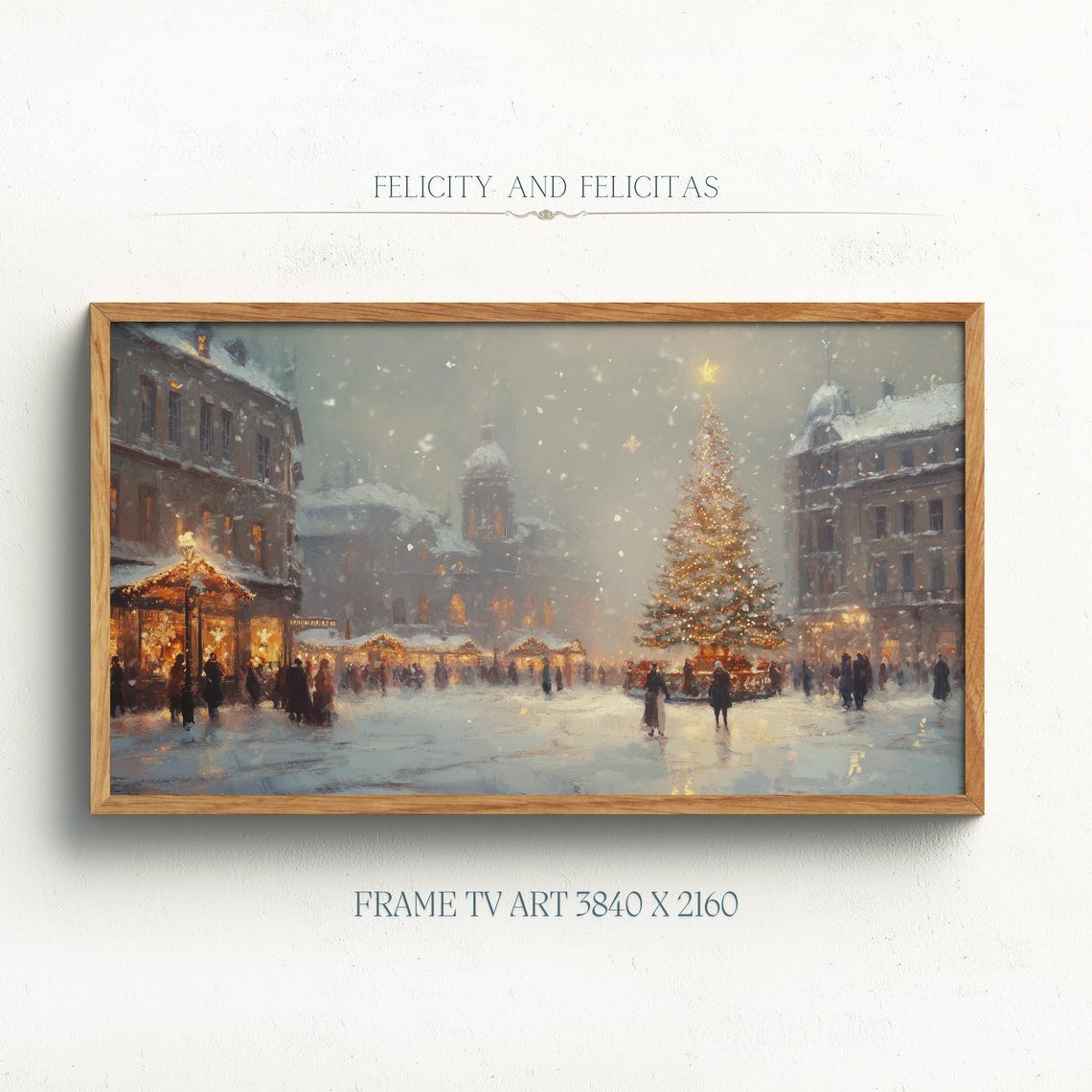 Christmas Market Square Big Tree Snowy Evening Vintage Poster