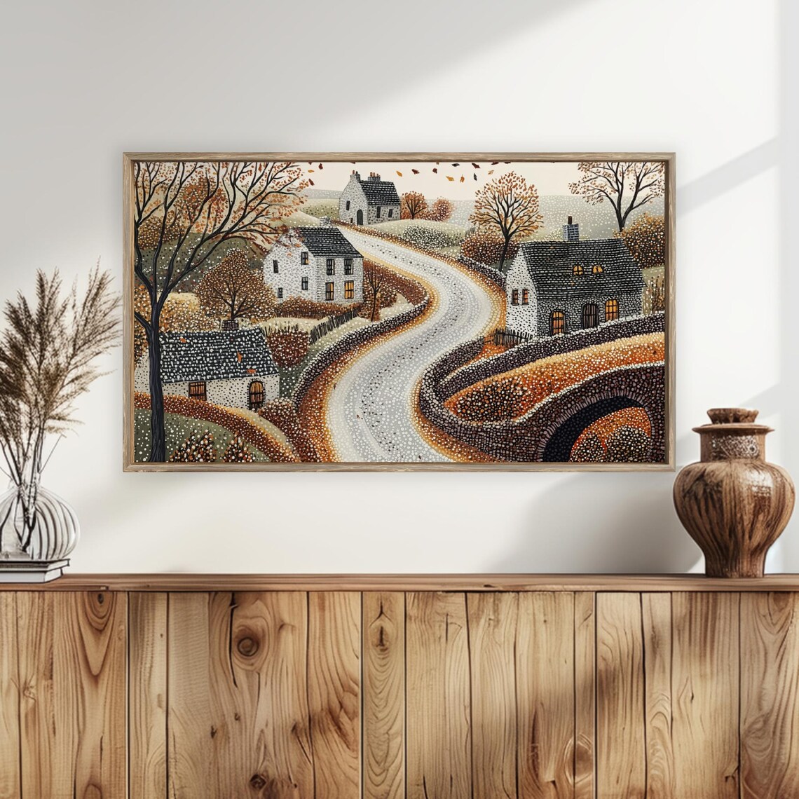 Autumn Village Road with Stone Bridge Cottages Folk Art Poster - Image 5