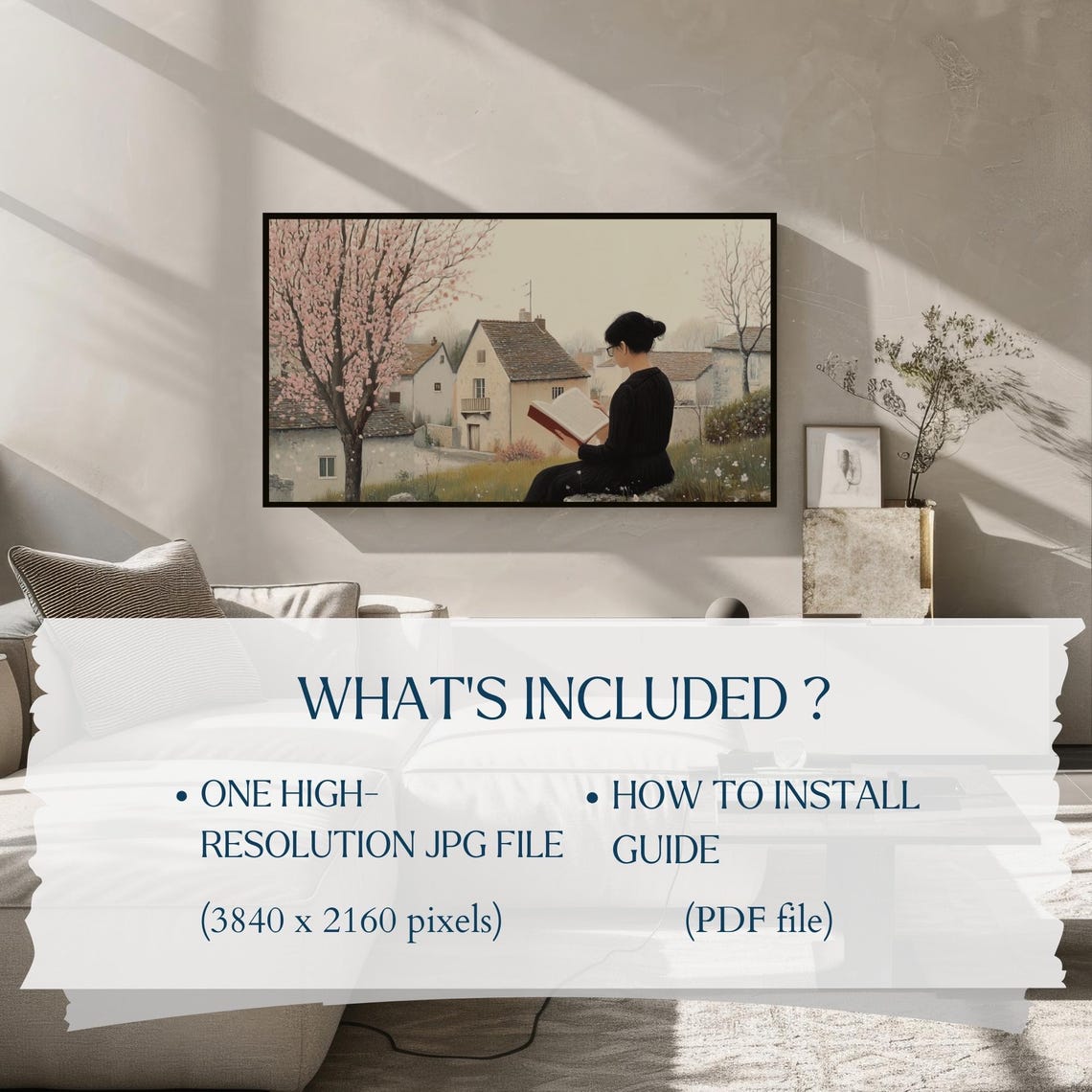 Spring Reading Woman Book Cherry Blossom Tree Village Poster - Image 2