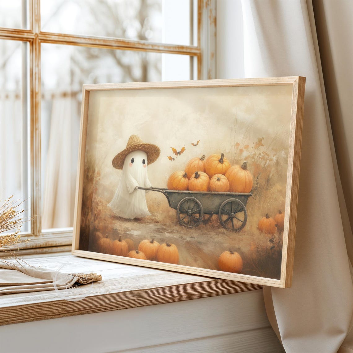 Cute Ghost Straw Hat Pushing Pumpkin Wagon Bats Halloween Wall Art - Image 3