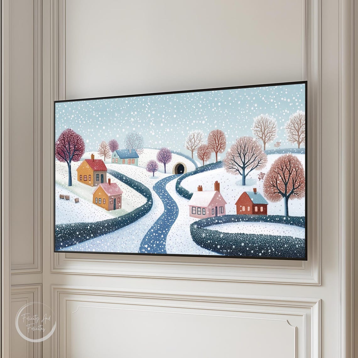 Snowy Village Winding River Cottages Falling Snow Dot Art Poster - Image 4