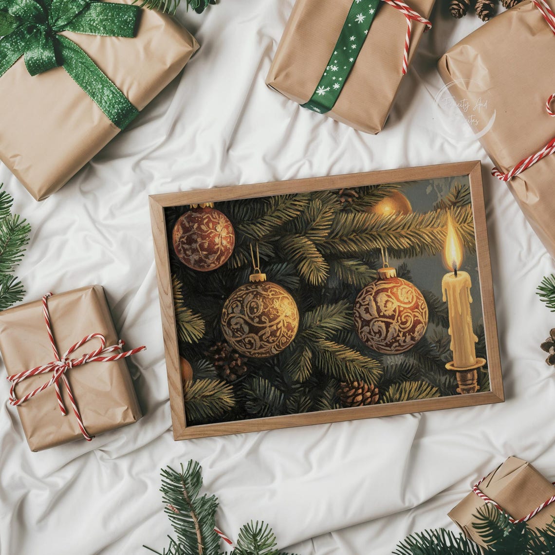 Vintage Gold Christmas Ornaments on Pine Branches Candle Poster - Image 6
