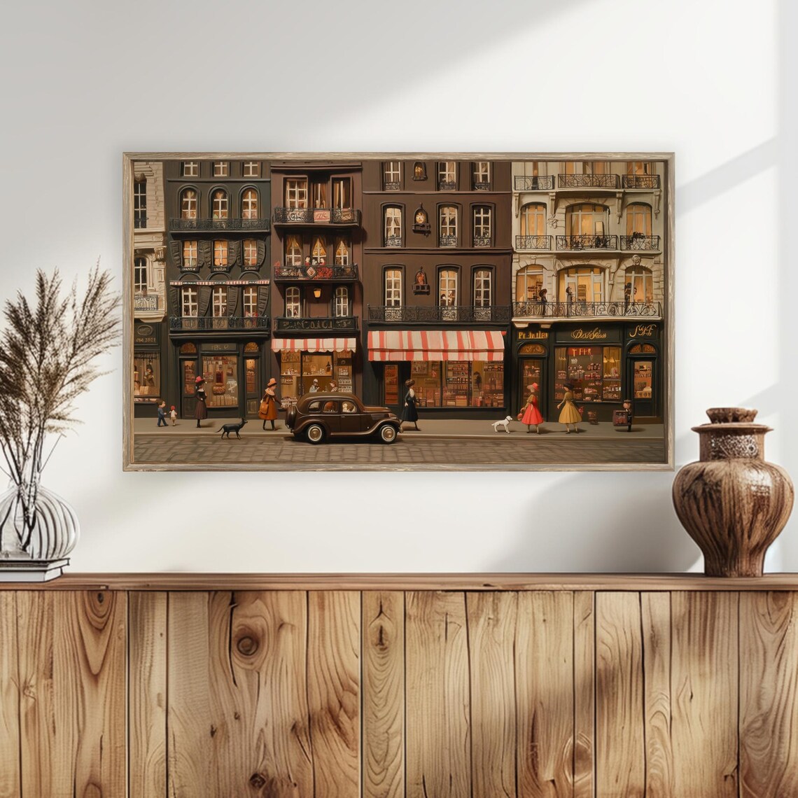 Retro European City Street Shops Vintage Car Dogs Scene Poster - Image 6