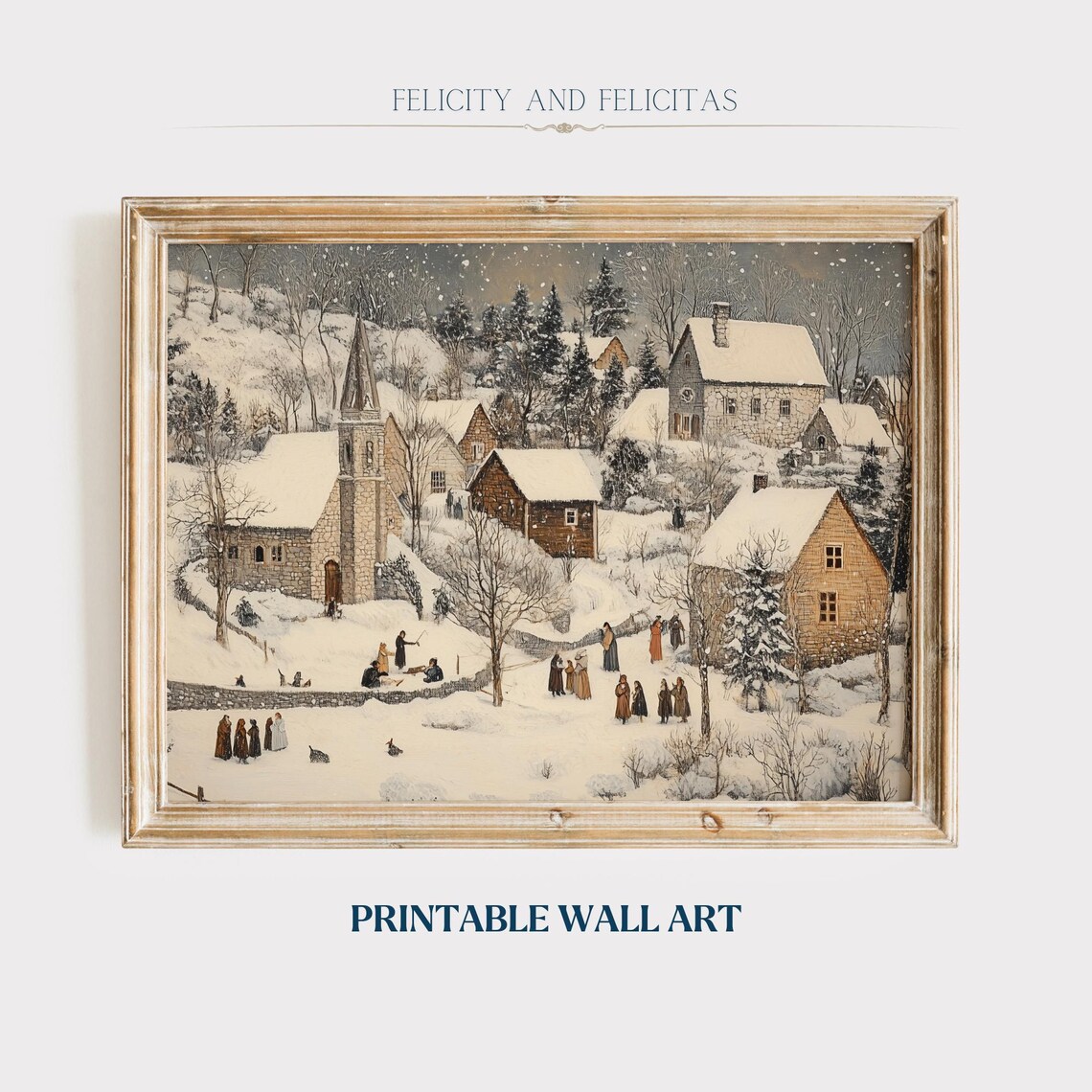Snowy Village Church With Villagers Winter Gathering Scene Poster