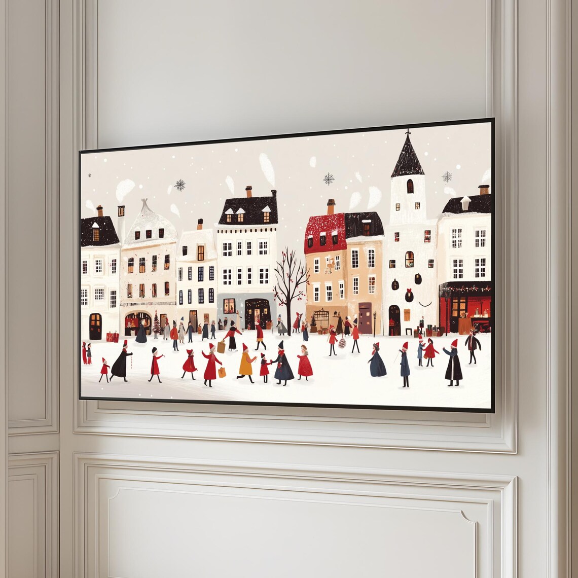 Retro Winter Town Square Red Cloaks Church Snow Charming Wall Art - Image 4