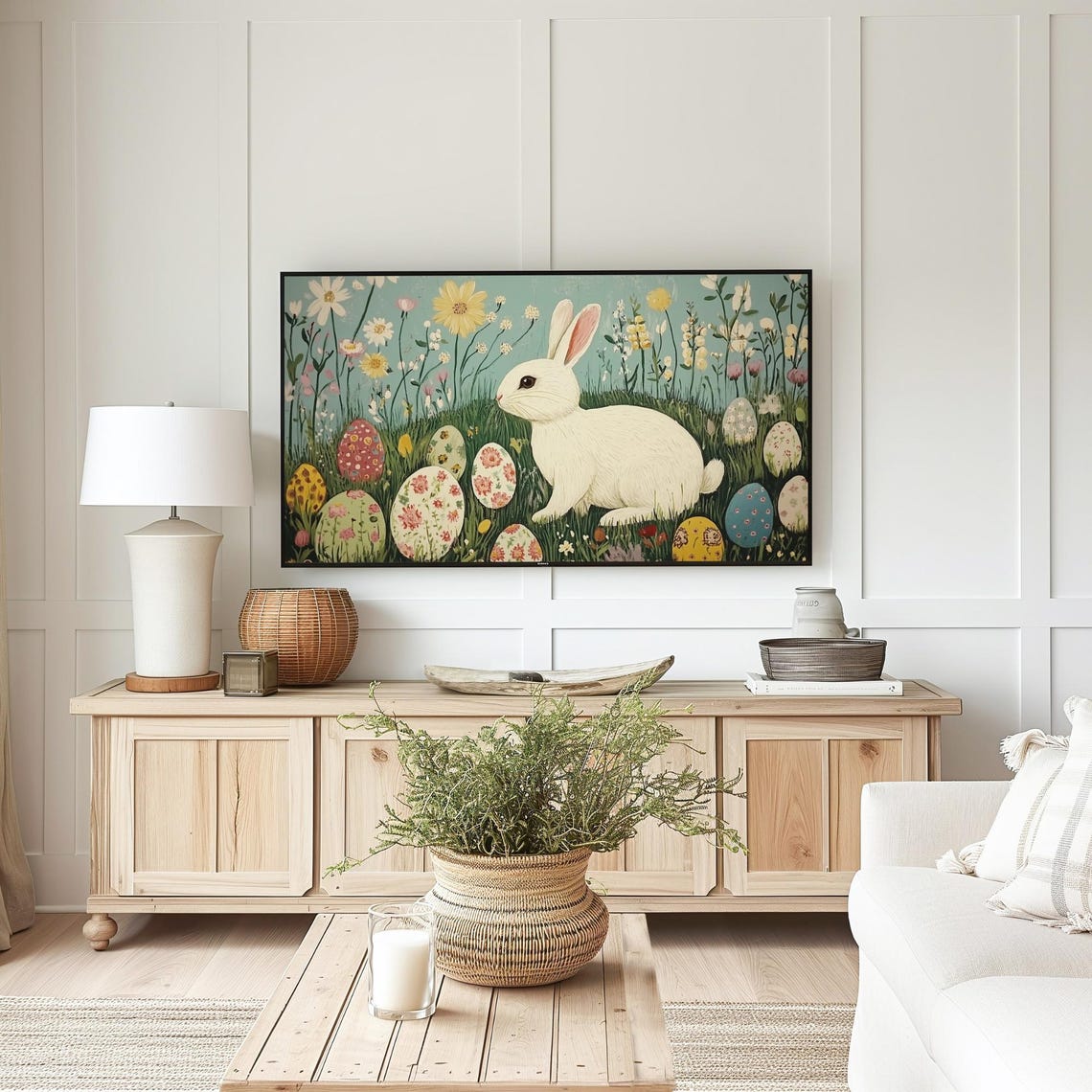 Retro Easter Bunny White Rabbit Wildflowers Eggs Frame TV Art Poster - Image 5