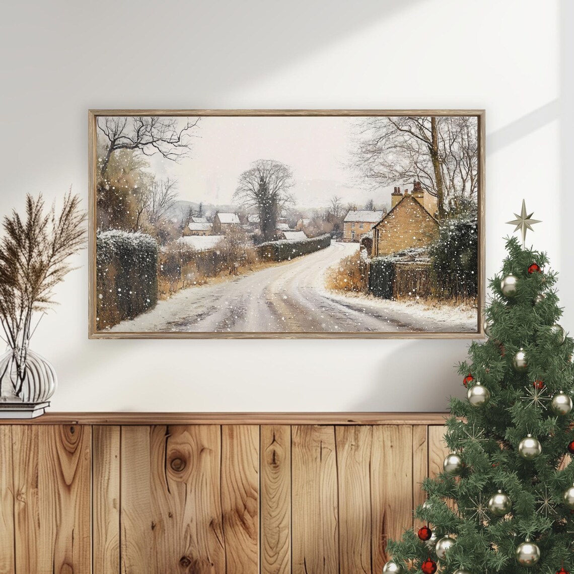 Winter Snowy Country Lane Cottages Falling Snow Frame TV Art Poster - Image 5