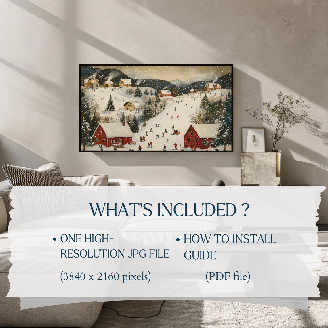 Winter Ski Village Red Barns Skiers Snowy Mountains Frame TV Art Poster - Image 2
