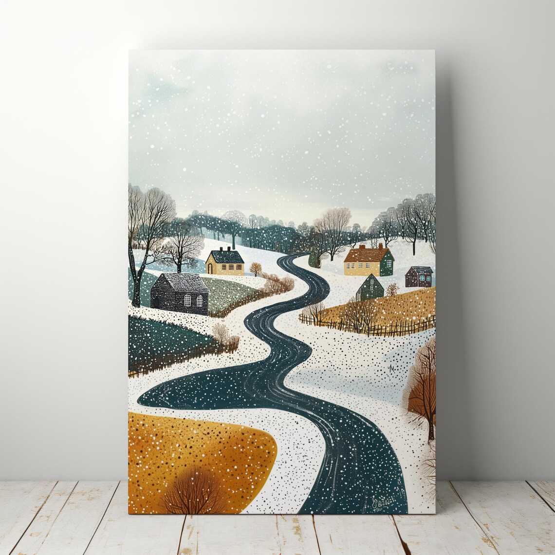 Snowy Country Road Winter Village Cottages Folk Textured Wall Art - Image 4