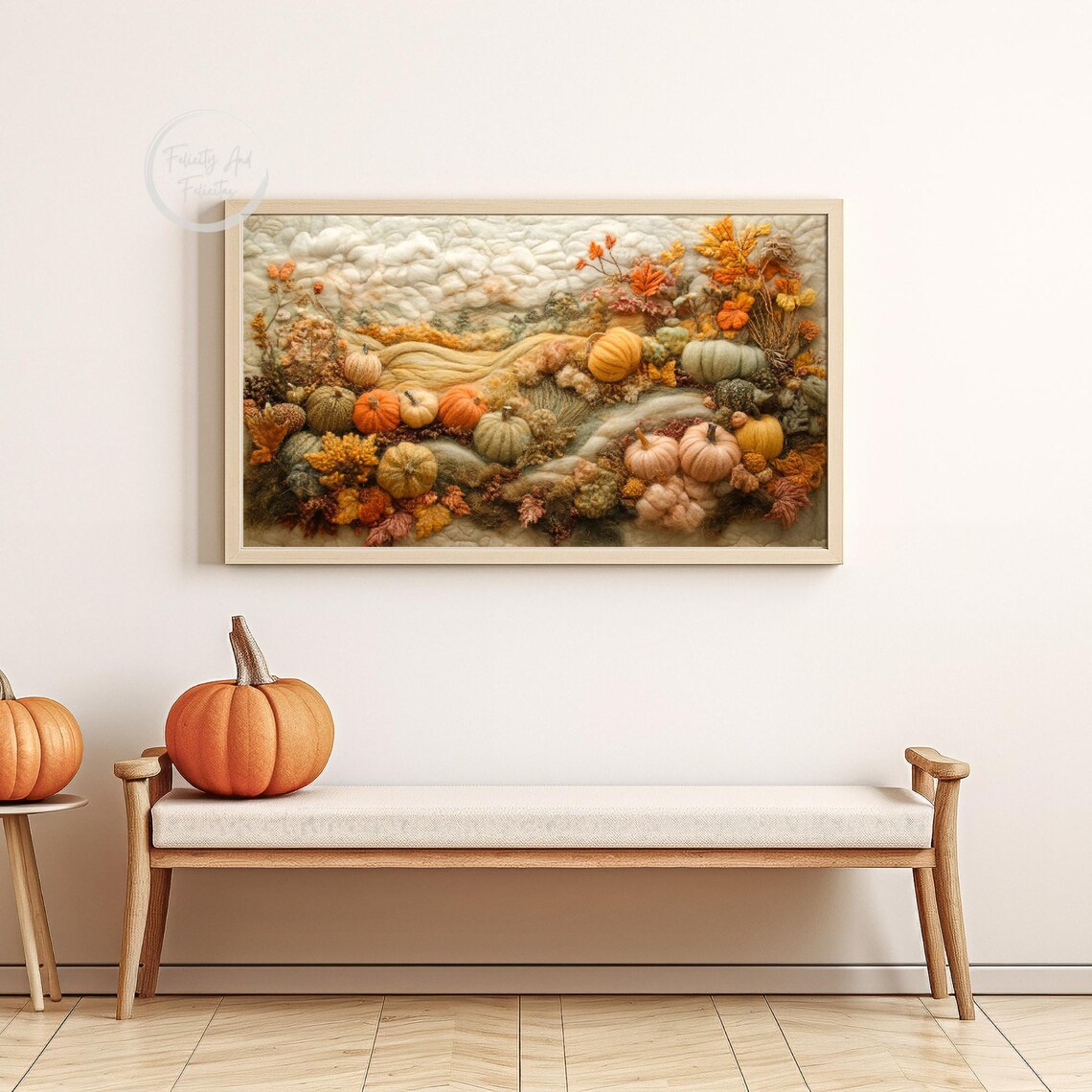 Felt Pumpkin Patch Landscape with Colorful Gourds Autumn Art Poster - Image 6