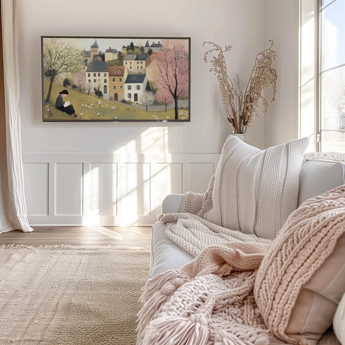 Spring Reading on Hill Village Blossoming Trees Frame TV Art Poster - Image 4