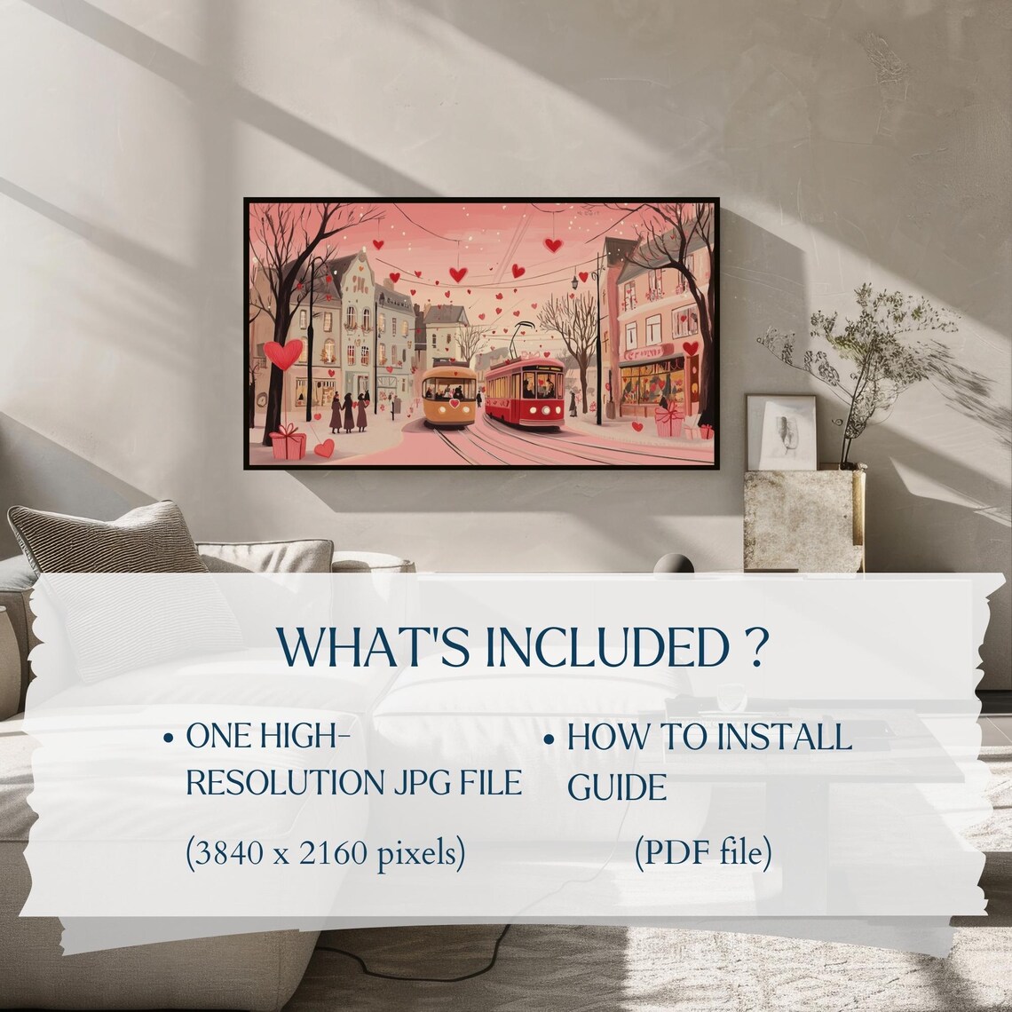 Valentines Day Pink City Street Hearts Trams Romance Scene Poster - Image 2