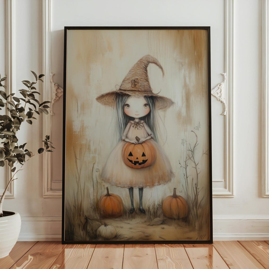 Cute Little Witch Girl Holding Pumpkin Neutral Halloween Wall Art - Image 4