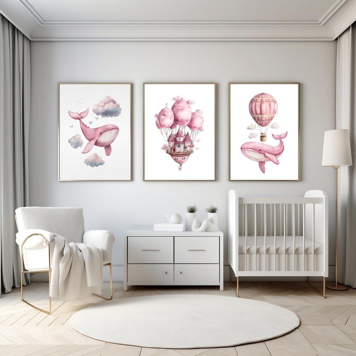 Pink Watercolor Whale Castle Hot Air Balloon Nursery Set of 3 Poster - Image 4