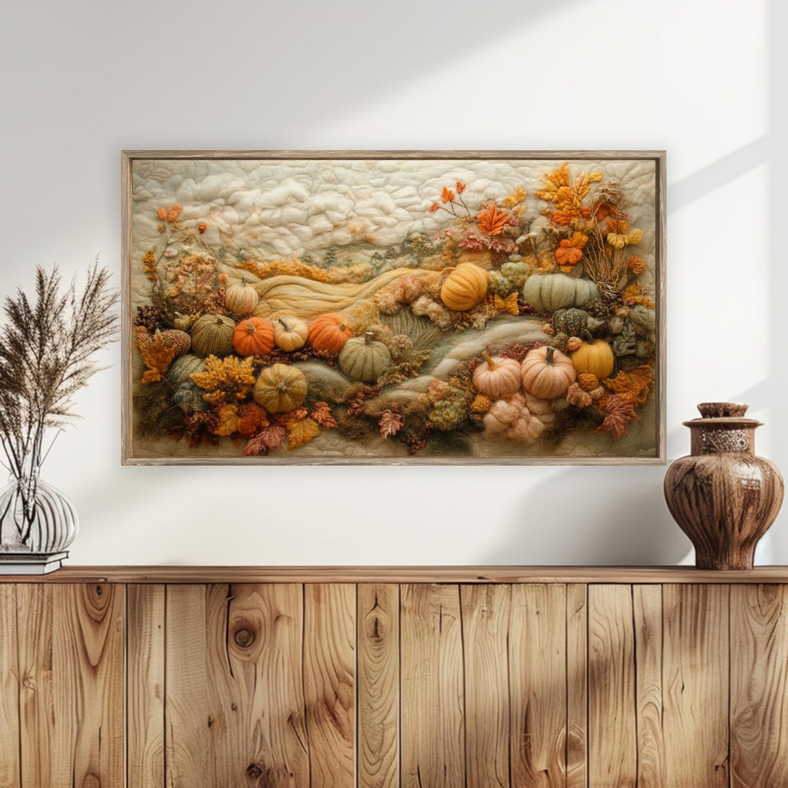Felt Pumpkin Patch Landscape with Colorful Gourds Autumn Art Poster - Image 5