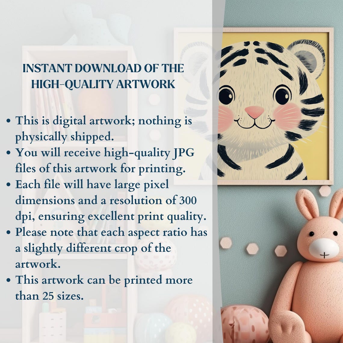 Cute White Tiger Cub Face on Yellow Cheerful Kids Room Wall Art - Image 2