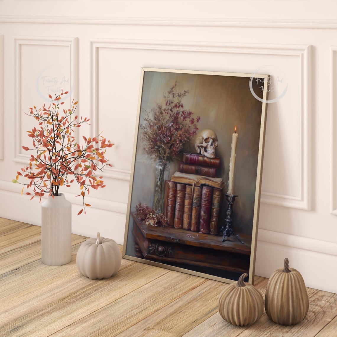 Skull on Vintage Books with Candle Dark Still Life Halloween Wall Art - Image 4