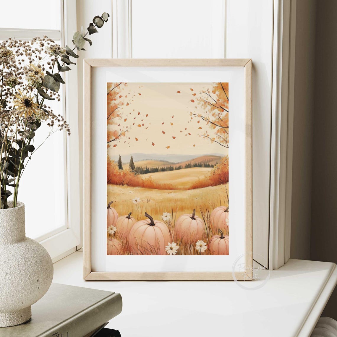 Peachy Autumn Meadow with Pumpkins Daisies and Falling Leaves Poster - Image 6