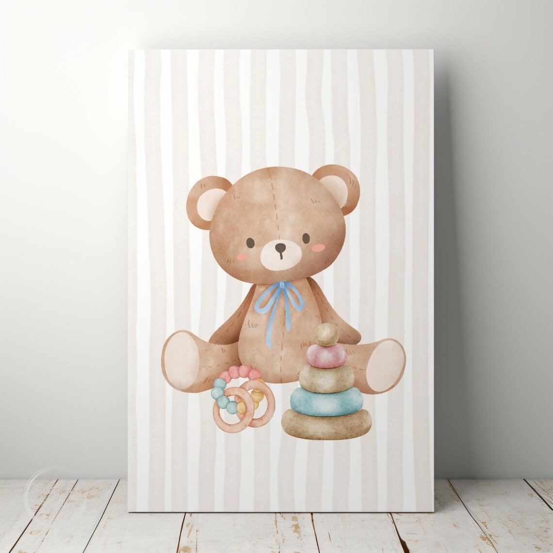 Teddy Bear with Blue Ribbon Stacking Rings Baby Toy Nursery Wall Art - Image 5