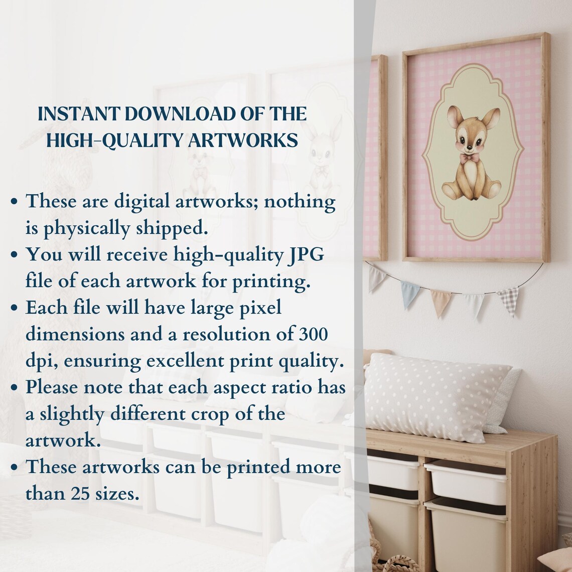 Pink Gingham Nursery Set Cat Bunny Fawn with Bows Girl Room Wall Art - Image 2