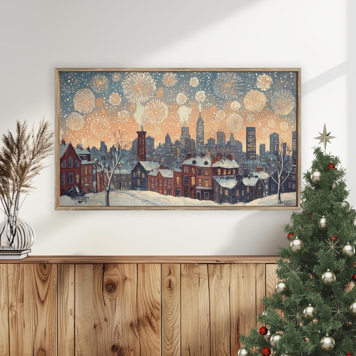Snowy City Skyline Fireworks New Years Celebration Frame TV Poster - Image 5