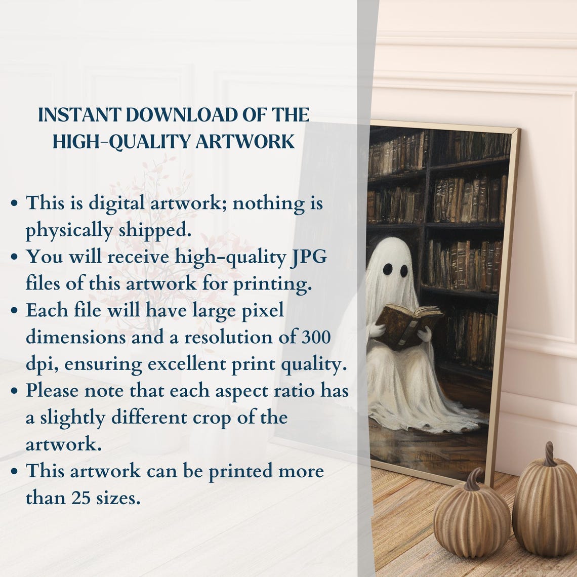 Cute Ghost Reading Book Dark Library Shelves Halloween Wall Art - Image 3