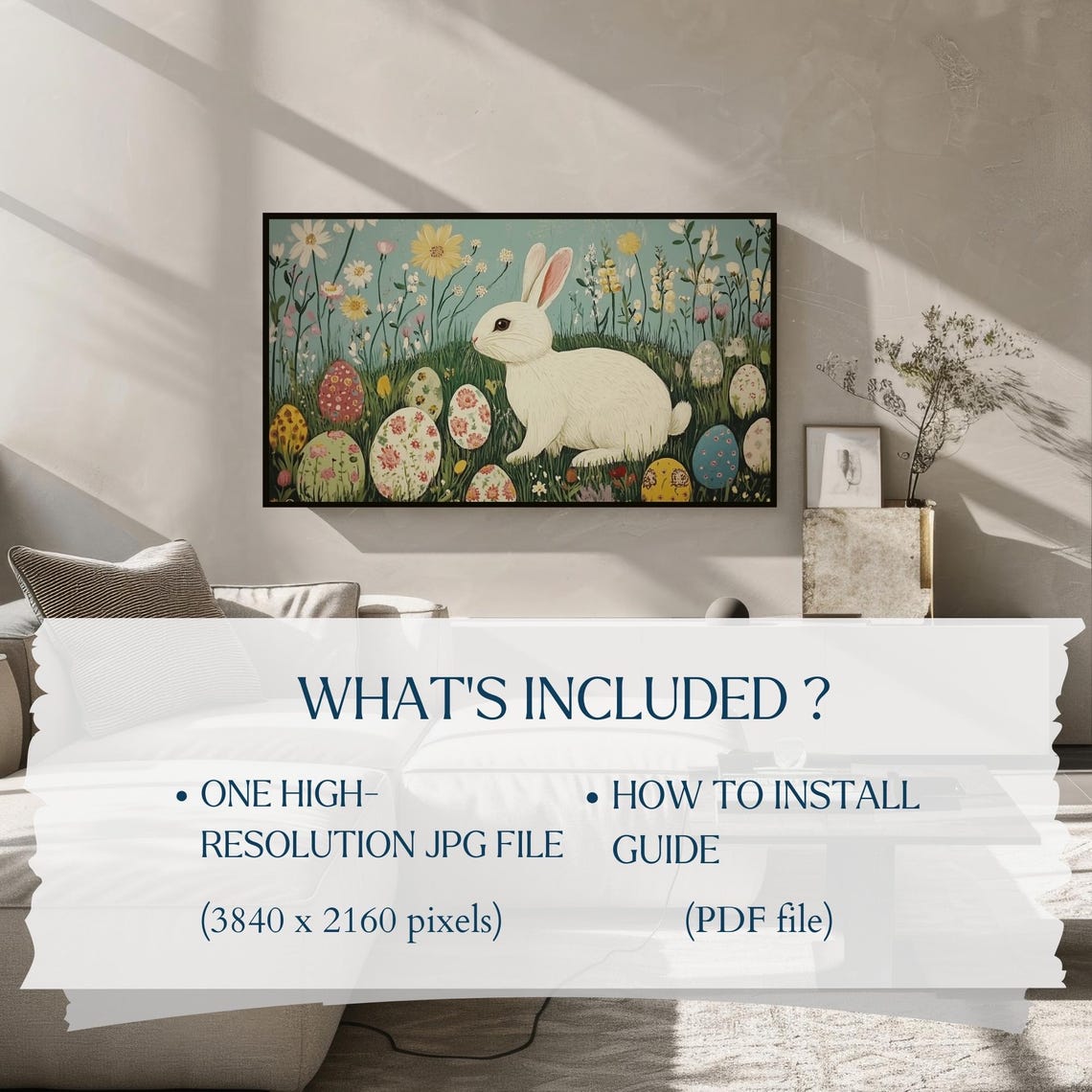 Retro Easter Bunny White Rabbit Wildflowers Eggs Frame TV Art Poster - Image 2