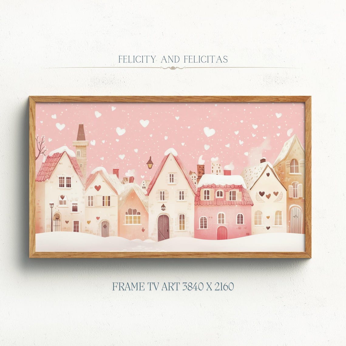 Blush Pink Winter Village with Falling Hearts Frame TV Art Poster