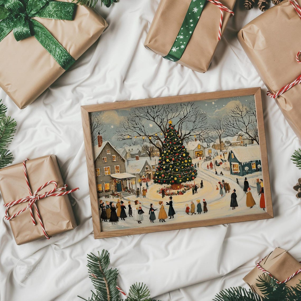Christmas Eve Town Square Big Tree Villagers Folk Art Poster - Image 6