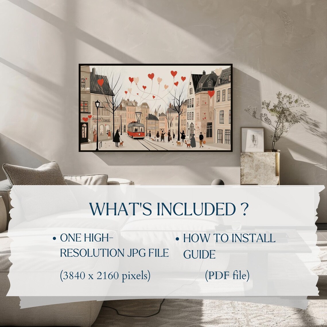 Frame TV Art Whats Included Info Card with Tram Street Art Print