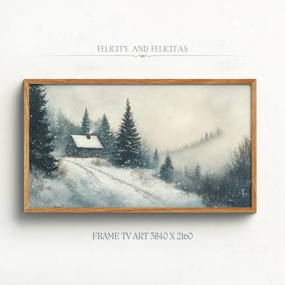 Vintage Winter Log Cabin Pines Falling Snow Landscape Poster